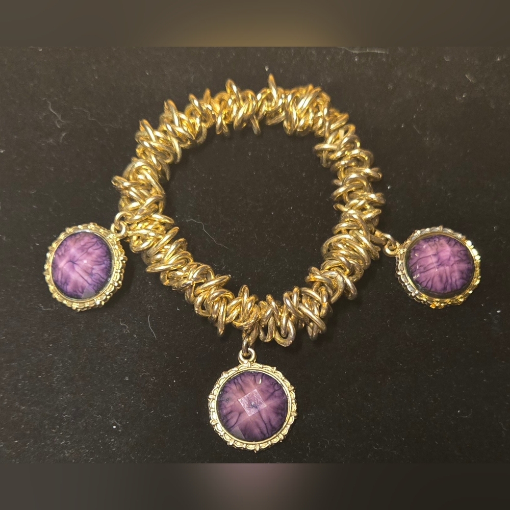 Gold Color Stretchy Link Bracelet w/ Purple Charms